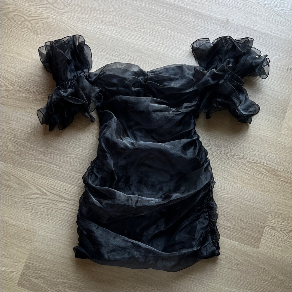 Black Puff Sleeve Off the Shoulder Bodycon Mini Dress
